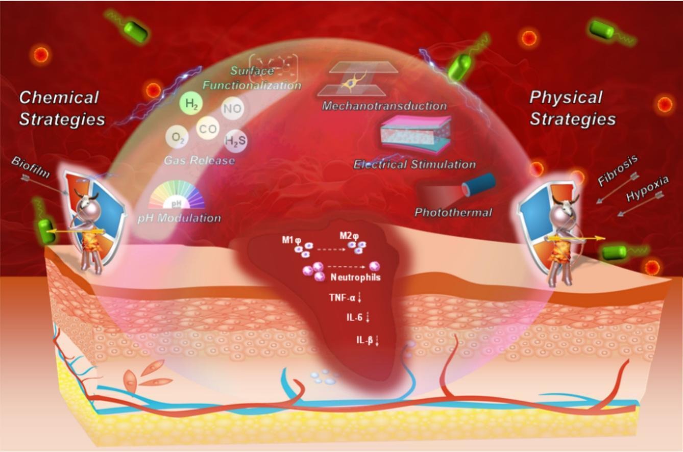 Graphical abstract showing multimodal approaches for wound healing including chemical strategies (pH modulation, gas therapy, biomaterials) and physical strategies (electrical stimulation, photothermal therapy, mechanotransduction)